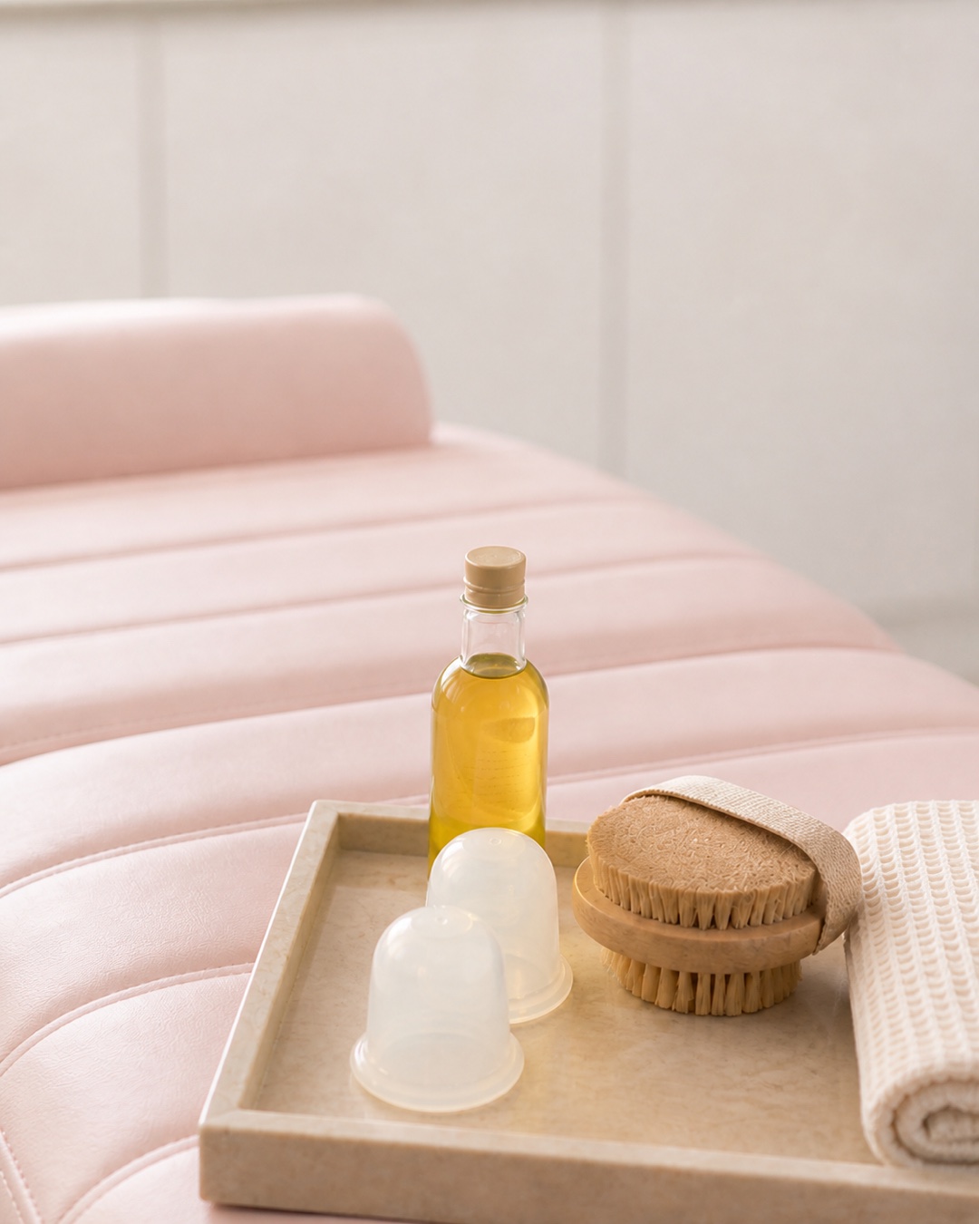 Massage oil, cups, body brushes and shells prepared on LA Skin Spa's blush bed