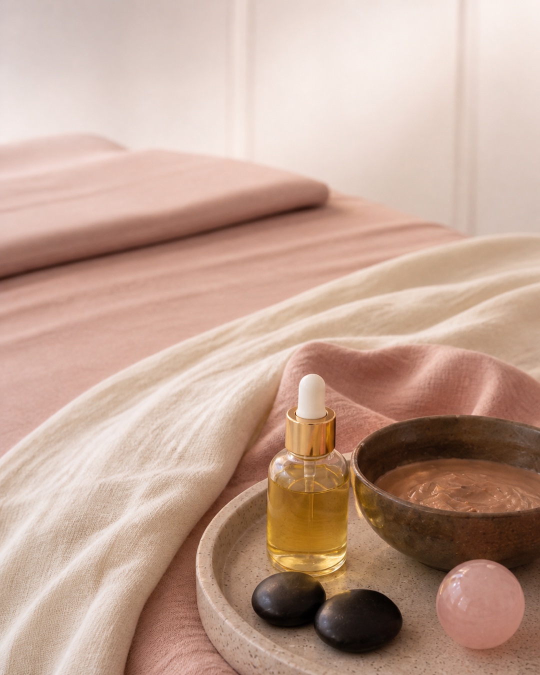 Rose quartz, lava stones and warm linens prepared on LA Skin Spa's blush bed