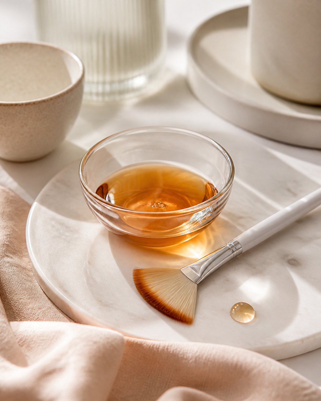 Amber peel solution and fan brush prepared on a ceramic tray