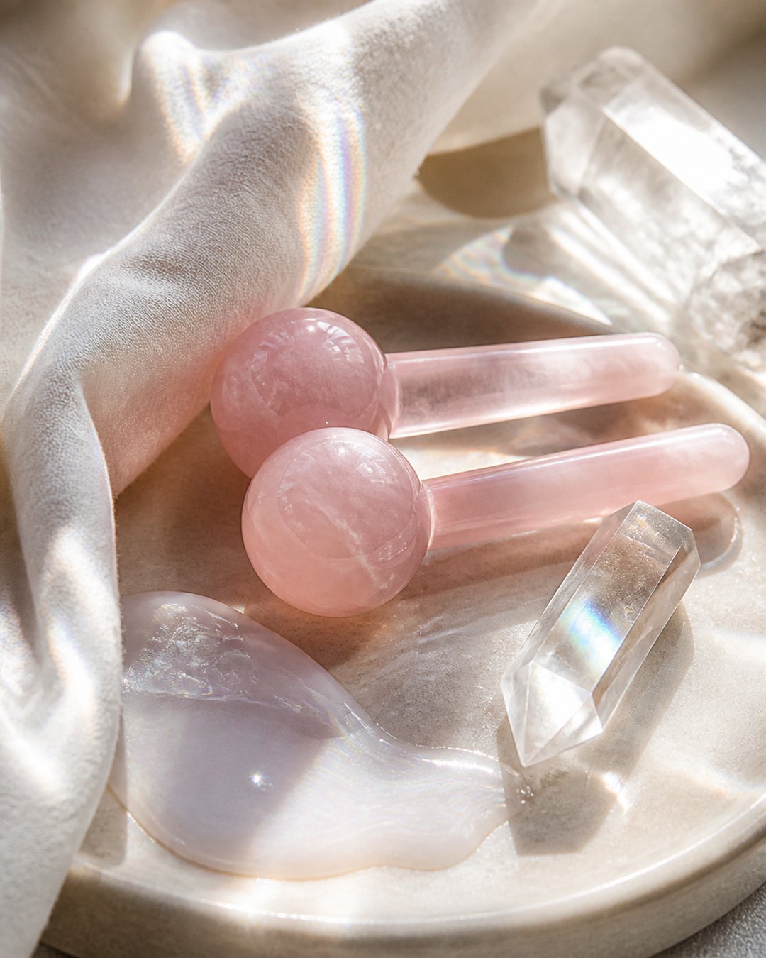 Rose quartz globes, clear crystals and pearlescent serum