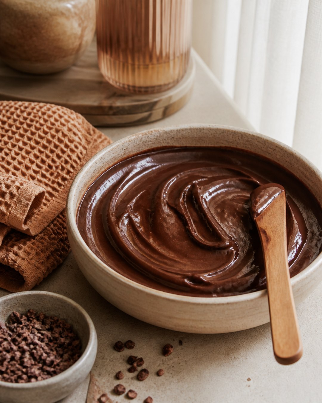 Cocoa body wrap, warm towel, wooden spatula and cacao nibs