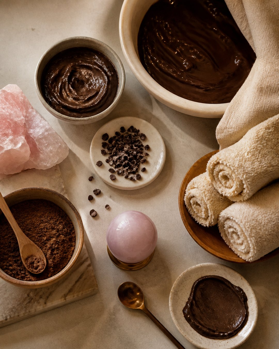 Cocoa face and body masks, warm towels and rose quartz globe