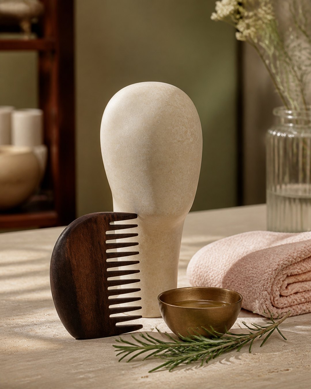 Scalp massage comb, brass oil bowl and smooth head-shaped sculpture