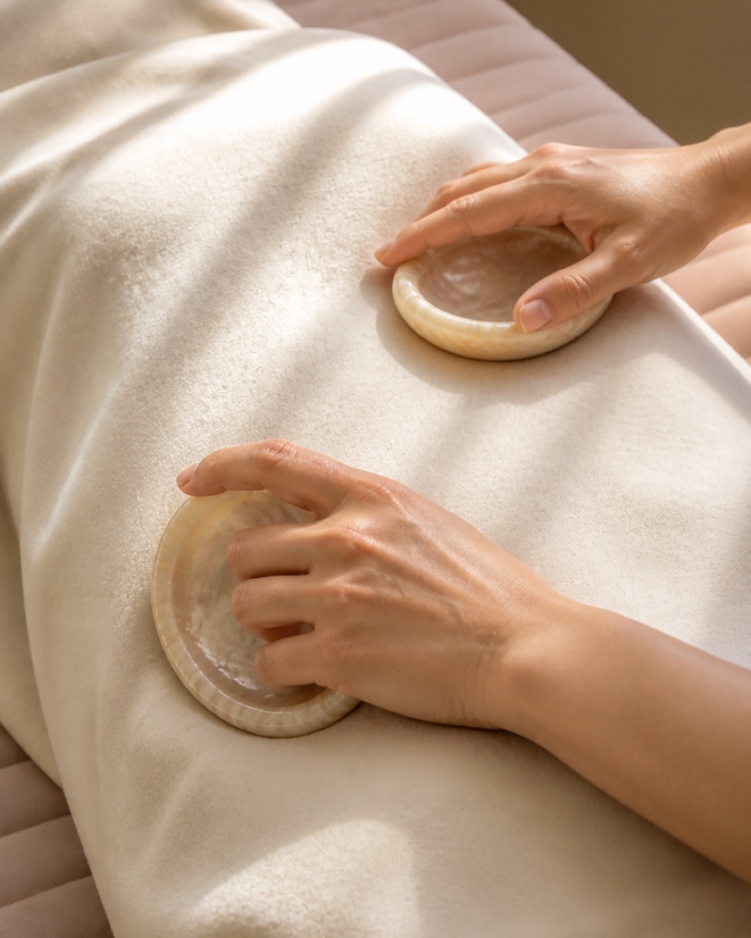 Two warm polished Lava Shells gliding across a professionally draped upper back