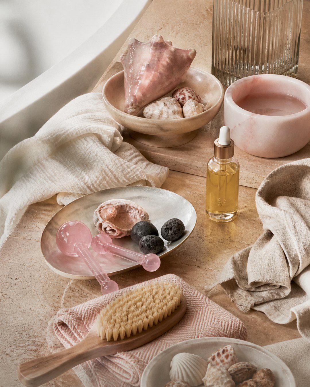 Lava shells, facial oil, rose quartz and warm layered linen