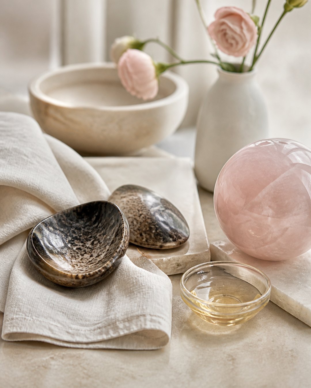 Polished lava shells, rose quartz globe and facial oil