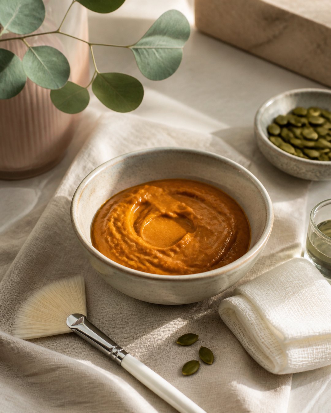 Pumpkin enzyme mask, pumpkin seeds and fan brush on ivory linen