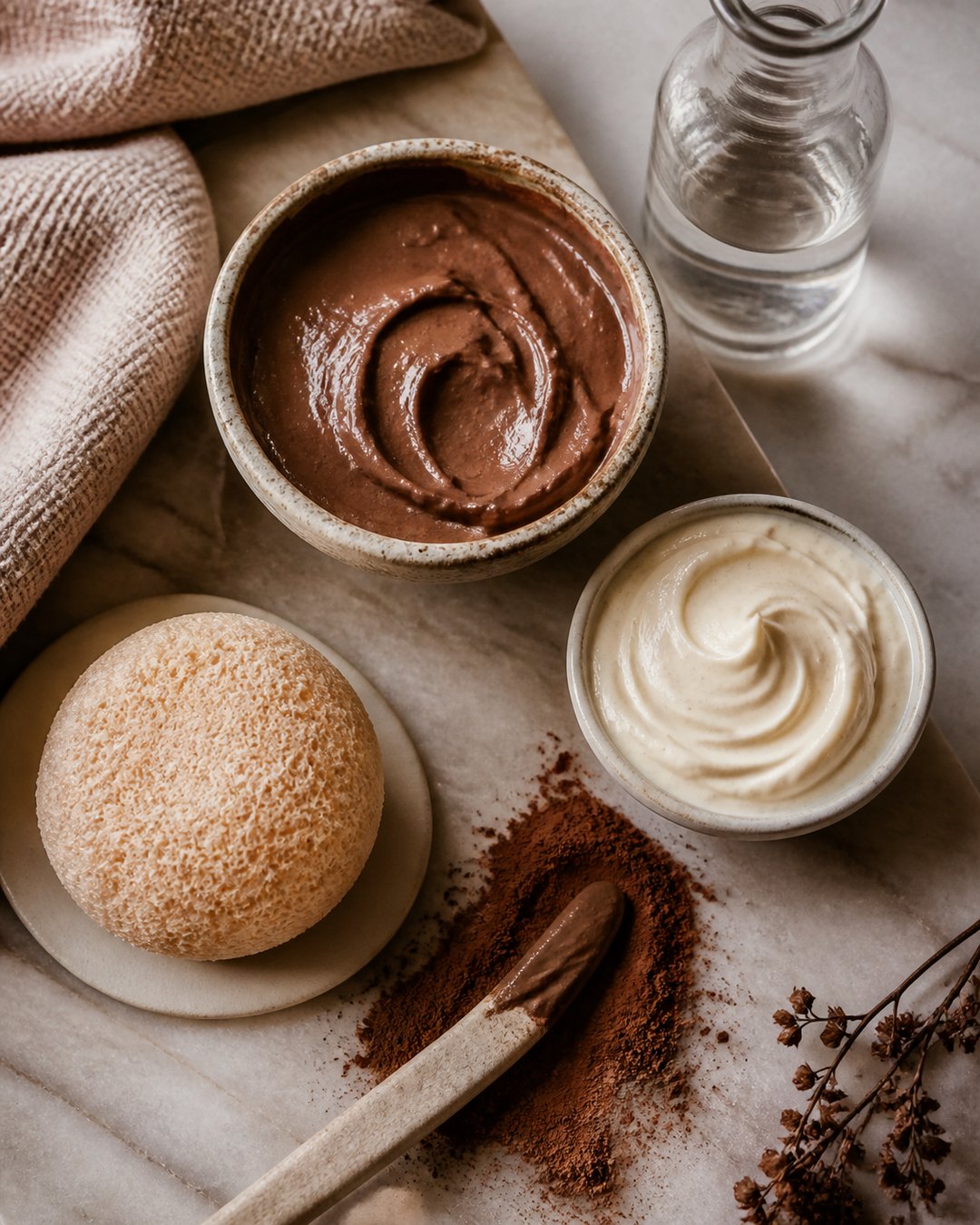 Cocoa and vanilla facial masks arranged with a cosmetic sponge