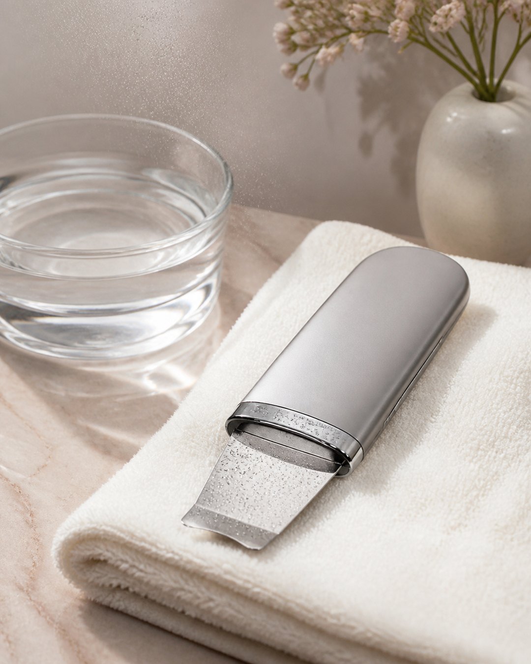 Ultrasonic skin scrubber, cleansing water and folded ivory towel