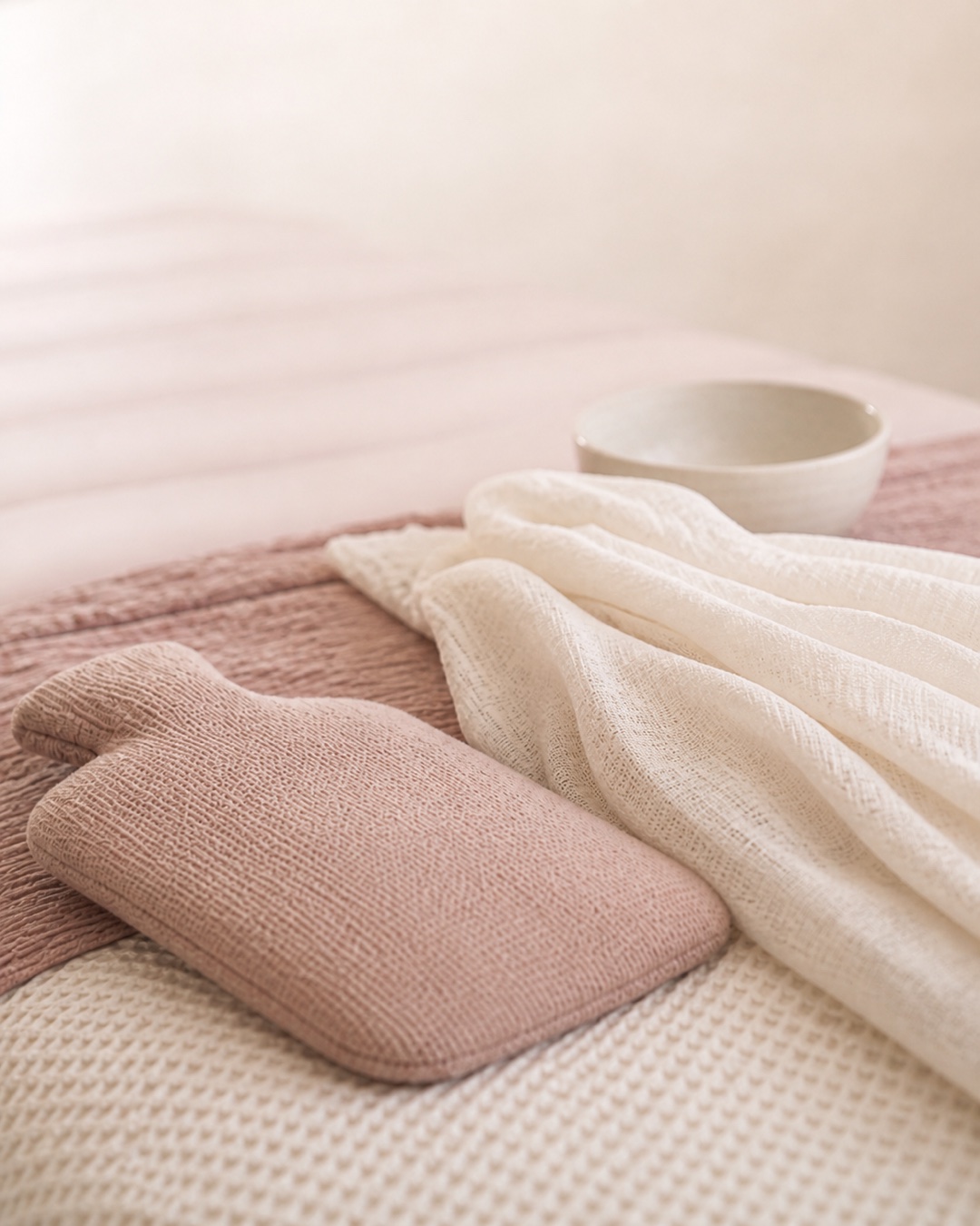 Warming linens, a wheat bag and facial bowl prepared on LA Skin Spa's blush bed
