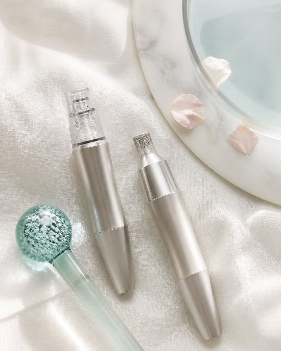 Hydro and diamond facial handpieces with a cooling glass globe